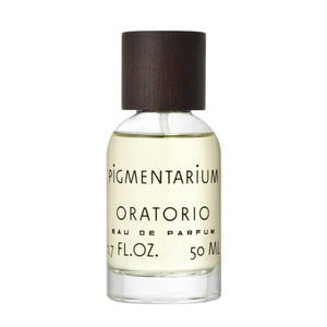 Pigmentarium - Oratorio Parfumflakon mit klarem Glas und braunem Holzkappenverschluss vor weißem Hintergrund
