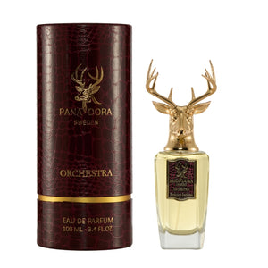 Pana Dora Sweden - Orchestra Parfumflakon mit goldenem Hirschkopf neben dunkelroter Geschenkverpackung mit Prägung