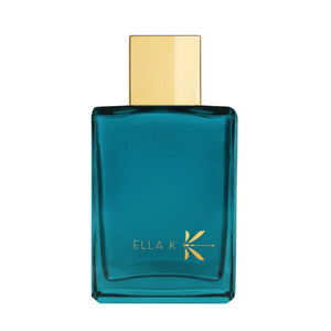 Ella K - Orchid K Parfümflakon in tiefem Türkis mit goldenem Verschluss und filigranem Logo auf der Vorderseite
