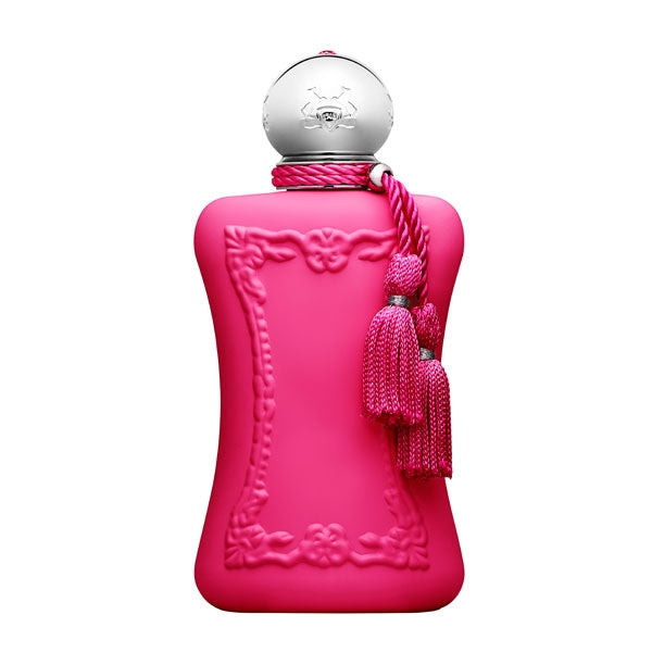 Parfums de Marly - Oriana Flakon in kräftigem Pink mit verziertem Design und silbernem Deckel vor weißem Hintergrund