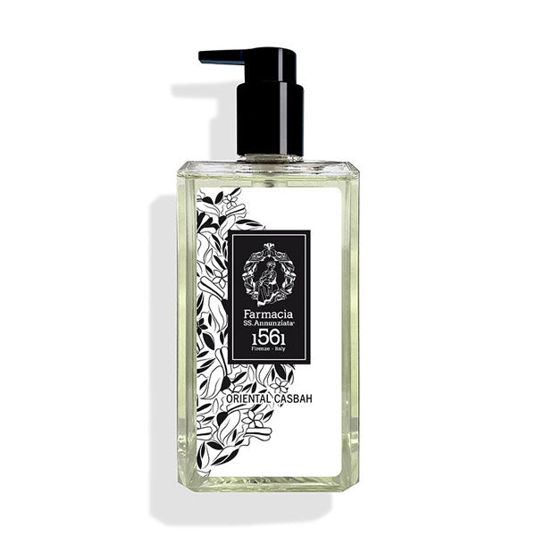 Farmacia SS. Annunziata - Oriental Casbah - Duschgel in klarer Flasche mit schwarzem Pumpspender und floralem Design