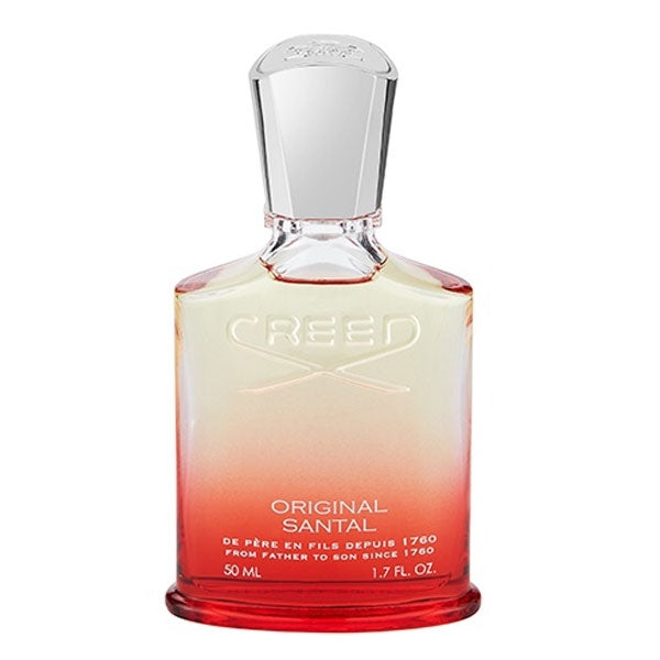 Creed - Original Santal Parfumflakon mit elegantem Farbverlauf von Klar zu Rot auf weißem Hintergrund