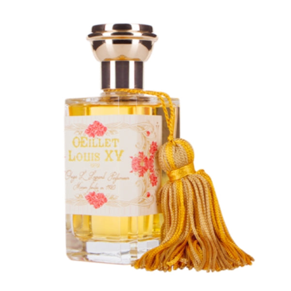 Oriza L. Legrand - Oeillet Louis XV Parfumflakon mit goldenem Quast und floralem Etikett in elegantem Design