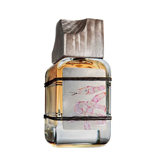 Mendittorosa - Odori d'Anima Collection - Orlo Parfumflakon mit robustem Holzverschluss und kunstvollem Etikett vor weißem Hintergrund