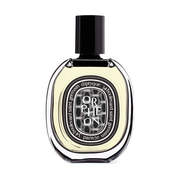 Diptyque - Orphéon eleganter transparenter Flakon mit rundem Etikett und schwarzem Verschluss vor weißem Hintergrund