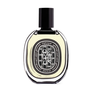 Diptyque - Orphéon eleganter transparenter Flakon mit rundem Etikett und schwarzem Verschluss vor weißem Hintergrund