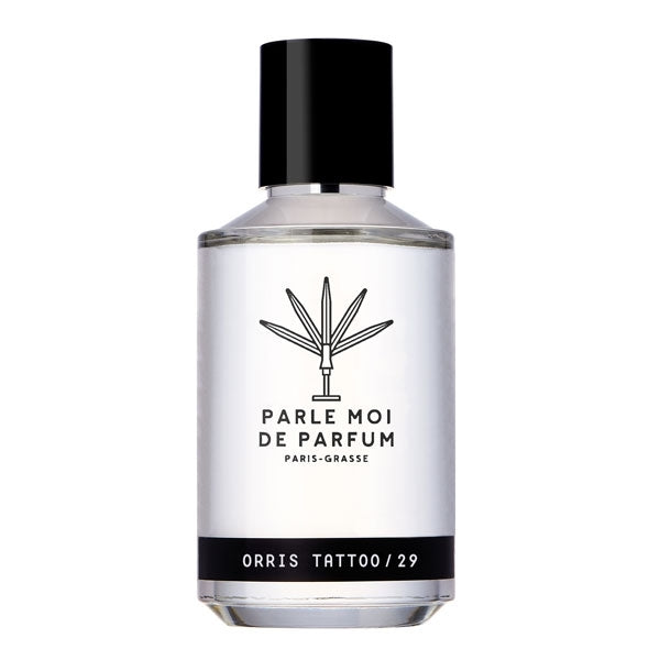 Parle Moi de Parfum - Orris Tattoo / 29 klarer Flakon mit schwarzem Verschluss und minimalistischer Etikettgestaltung vor weißem Hintergrund