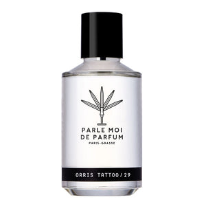 Parle Moi de Parfum - Orris Tattoo / 29 klarer Flakon mit schwarzem Verschluss und minimalistischer Etikettgestaltung vor weißem Hintergrund