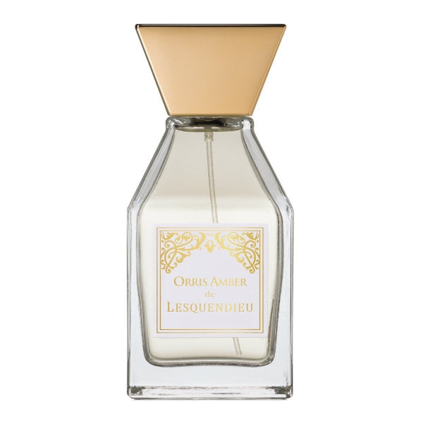 Lesquendieu - Oriental Collection - Orris Amber zeigt klaren Flakon mit goldfarbenem, dreieckigem Verschluss und filigranem Etikett