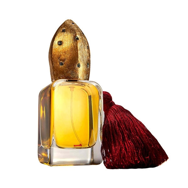Mendittorosa - OSANG Parfumflakon mit goldfarbenem Verschluss und rotem, fransigem Kordelanhänger vor weißem Hintergrund