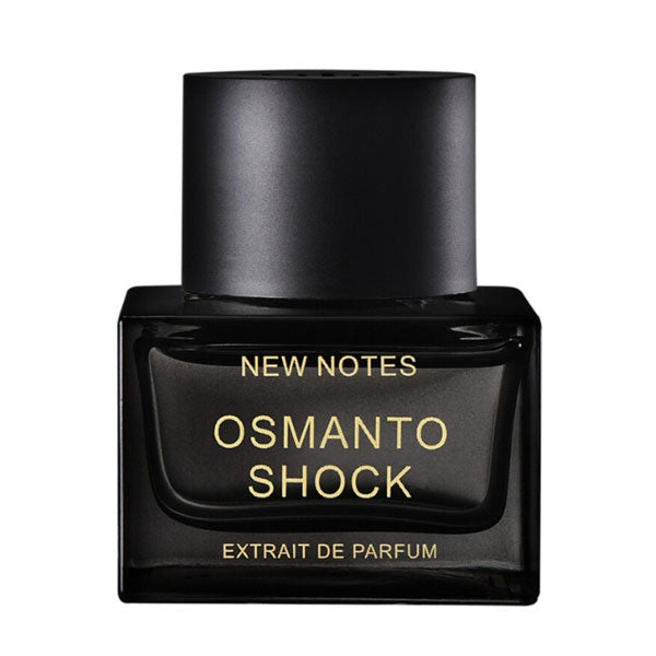 New Notes - Contemporary Blend Collection - Osmanto Shock schwarzer Parfumflakon mit goldener Schrift auf weißem Hintergrund