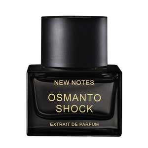 New Notes - Contemporary Blend Collection - Osmanto Shock schwarzer Parfumflakon mit goldener Schrift auf weißem Hintergrund