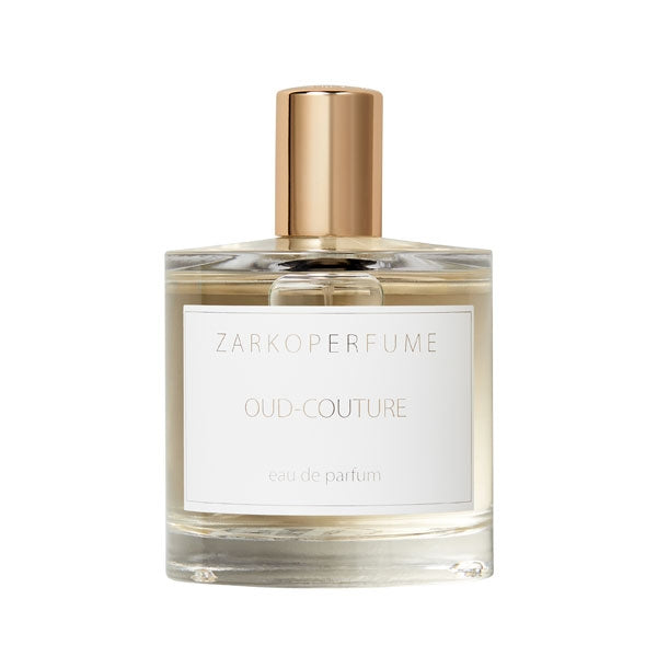 Zarkoperfume - Oud-Couture Parfumflakon mit goldenem Verschluss und minimalistischem Etikett vor weißem Hintergrund