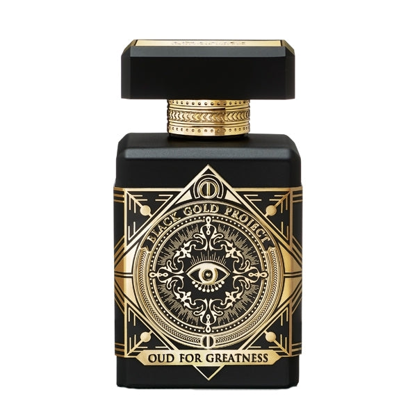 Initio - Black Gold Project - Oud for Greatness Parfumflakon mit schwarzem und goldverziertem dekorativem Design