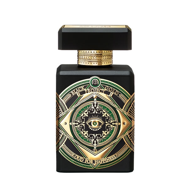 Initio - Black Gold Project - Oud for Happiness Parfumflakon in mattschwarz mit goldgrünem Ornament und eckigem Verschluss vor weißem Hintergrund