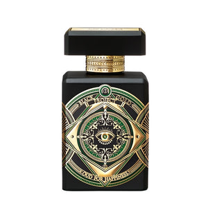 Initio - Black Gold Project - Oud for Happiness Parfumflakon in mattschwarz mit goldgrünem Ornament und eckigem Verschluss vor weißem Hintergrund