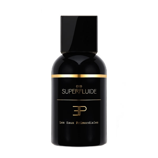 Les Eaux Primordiales - Oud Superfluide edler schwarzer Flakon mit goldener Linie und quadratischem Verschluss minimalistisch gestaltet