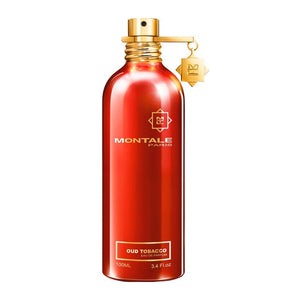Montale - Oud Tobacco glänzender oranger Flakon mit goldenem Sprühkopf und Anhänger vor weißem Hintergrund