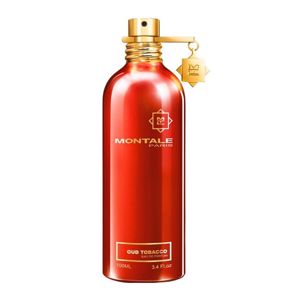 Montale - Oud Tobacco glänzender oranger Flakon mit goldenem Sprühkopf und Anhänger vor weißem Hintergrund
