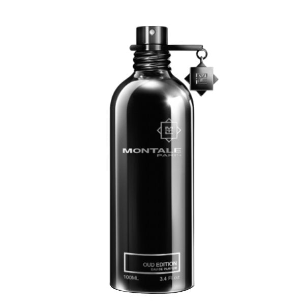 Montale - Oud Edition eleganter schwarzer Metallic-Flakon mit Anhänger und minimalistischer Schrift auf weißem Hintergrund