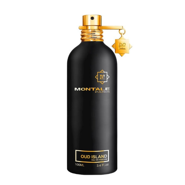 Montale - Oud Island schwarzer Flakon mit goldfarbenem Sprühkopf und elegantem Anhänger in stilvollem Design
