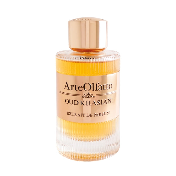 ArteOlfatto - Oud Khasian Parfumflakon mit geriffeltem Glas und goldenem Etikett vor weißem Hintergrund