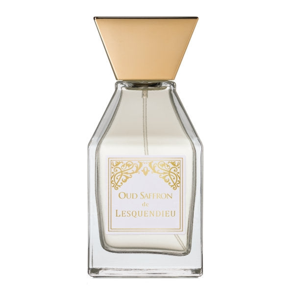 Lesquendieu - Oriental Collection - Oud Saffron zeigt klaren Flakon mit goldfarbenem, spitz zulaufendem Verschluss und edlem Etikett