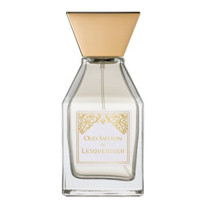 Lesquendieu - Oriental Collection - Oud Saffron zeigt klaren Flakon mit goldfarbenem, spitz zulaufendem Verschluss und edlem Etikett