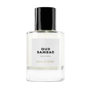 Bodé Studios - Oud Sambac Parfumflakon mit klarer Glasflasche und schlichtem Etikett minimalistisch präsentiert