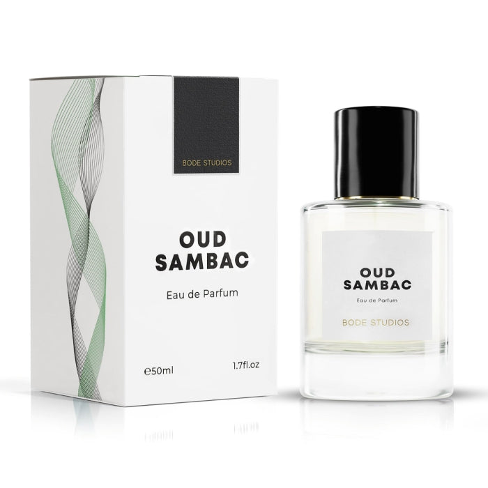 Bodé Studios - Oud Sambac Parfumflakon mit schwarzem Verschluss und weißer Verpackung schlicht dargestellt