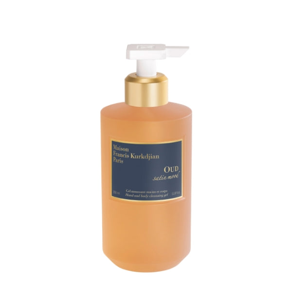 Maison Francis Kurkdjian Paris - Oud Satin Mood Hand & Body Cleansing Gel mit goldfarbenem Pumpspender und blauem Etikett