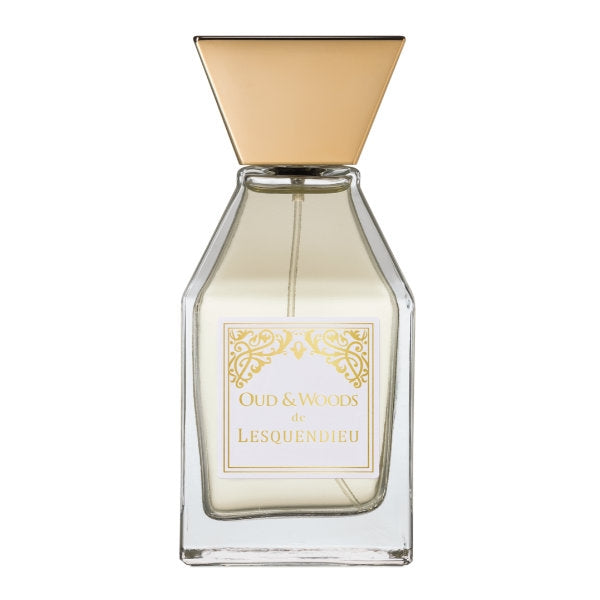 Lesquendieu - Oriental Collection - Oud & Woods zeigt klaren Flakon mit goldfarbenem Deckel und filigranem Etikett