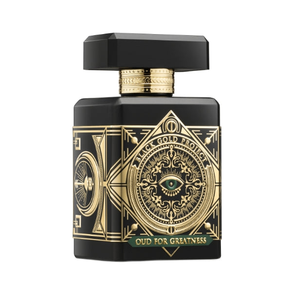 Initio - Black Gold Project - Oud for Greatness Neo Flakon mit schwarzem Design und goldverzierten, mystischen Details in edlem Stil