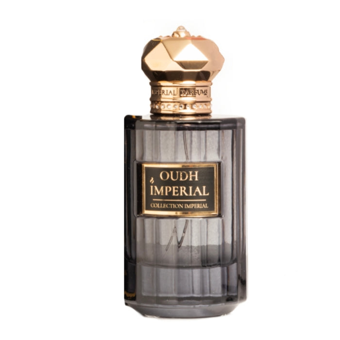 Imperial Parfums - Oudh Imperial Parfumflakon mit dunkel getöntem Glas und goldfarbenem, facettiertem Verschluss elegant präsentiert