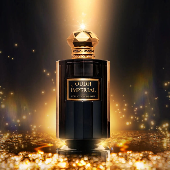 Imperial Parfums - Oudh Imperial Flakon mit dunkel getöntem Glas und elegantem goldfarbenem Verschluss vor goldenem Funkeln