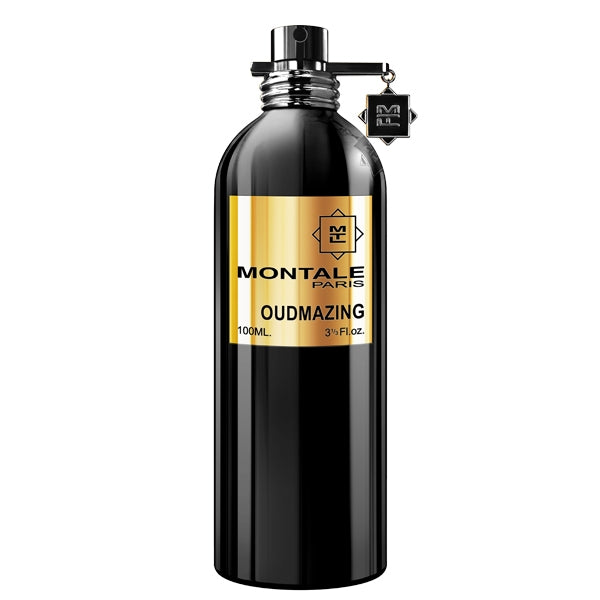 Montale - Oudmazing Parfumflakon in glänzend schwarzer Optik mit goldfarbenem Etikett und silbernem Spraykopf vor weißem Hintergrund