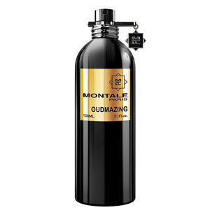 Montale - Oudmazing Parfumflakon in glänzend schwarzer Optik mit goldfarbenem Etikett und silbernem Spraykopf vor weißem Hintergrund