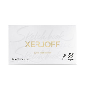 Xerjoff - Sketchbook - P. 33 Blank Page Edition Verpackung in schlichtem Weiß mit goldfarbenem Logo vor hellem Hintergrund