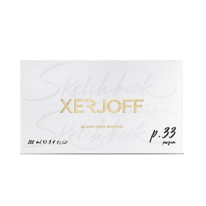 Xerjoff - Sketchbook - P. 33 Blank Page Edition Verpackung in schlichtem Weiß mit goldfarbenem Logo vor hellem Hintergrund
