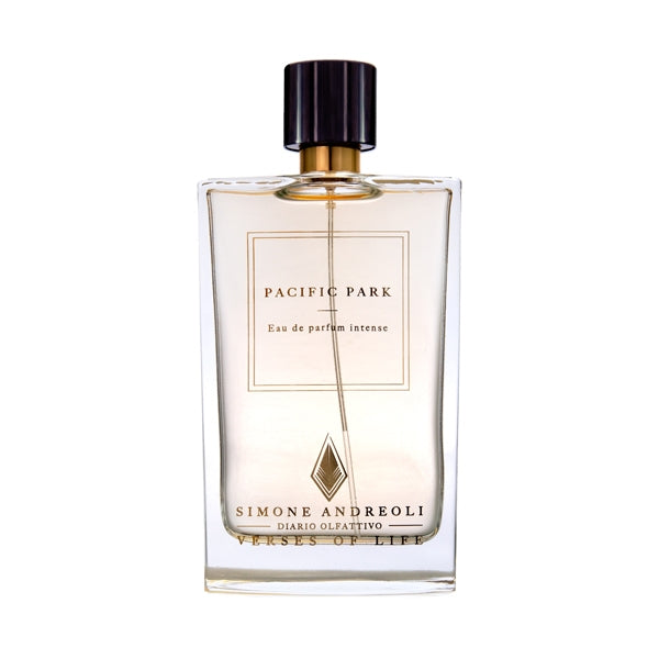 Simone Andreoli - Pacific Park Parfumflakon mit klarer Glasflasche und elegantem schwarzem Verschluss vor weißem Hintergrund