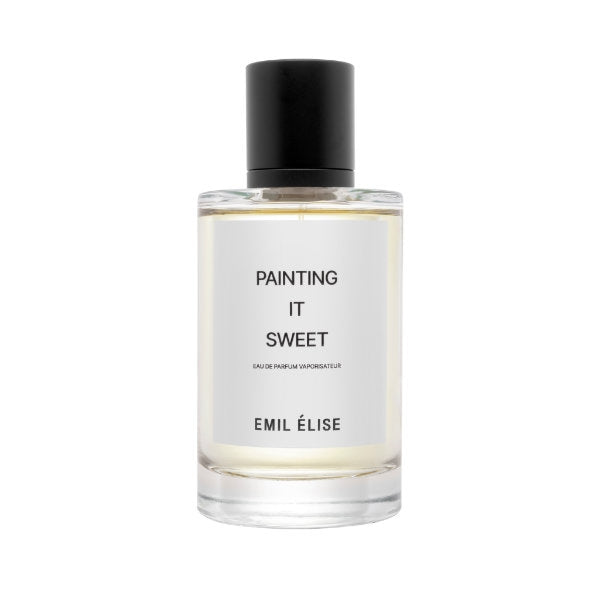 Emil Élise - painting it sweet Parfumflakon mit klarer Flüssigkeit und schlichter weißer Etikettgestaltung vor weißem Hintergrund