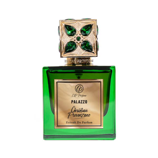 Christian Provenzano - Palazzo Parfumflakon in sattem Grün mit luxuriösem goldverziertem Deckel und edlem Label