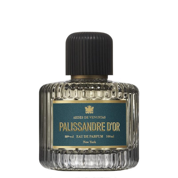 Aedes de Venustas - Palissandre d'Or Parfümflakon mit gerilltem Glas und schwarzem Deckel vor weißem Hintergrund