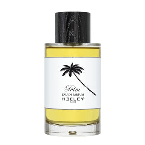 Heeley - Palm Parfumflakon mit klarem Glas und weißem Etikett mit schwarzer Palmenillustration und schwarzem Verschluss