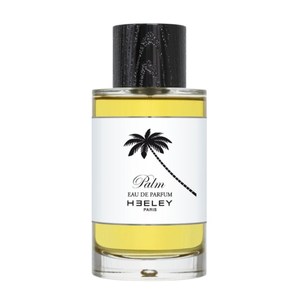 Heeley - Palm Parfumflakon mit klarem Glas und weißem Etikett mit schwarzer Palmenillustration und schwarzem Verschluss