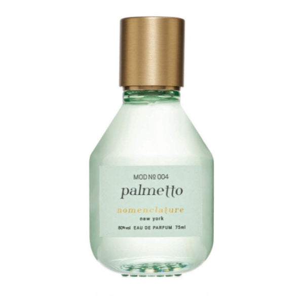 Nomenclature - palmetto Parfumflakon mit grünlichem Glas und mattem goldfarbenem Verschluss in klarer, moderner Form