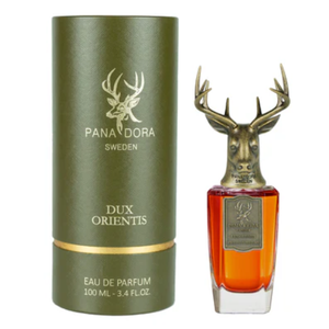 Pana Dora Sweden - Dux Orientis Parfumflakon mit bronzefarbenem Hirschkopf und elegantem grünen Etui