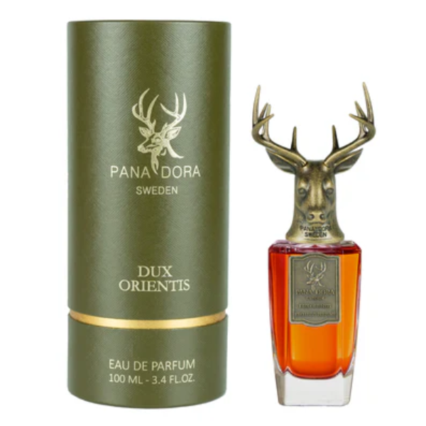Pana Dora Sweden - Dux Orientis Parfumflakon mit bronzefarbenem Hirschkopf und elegantem grünen Etui