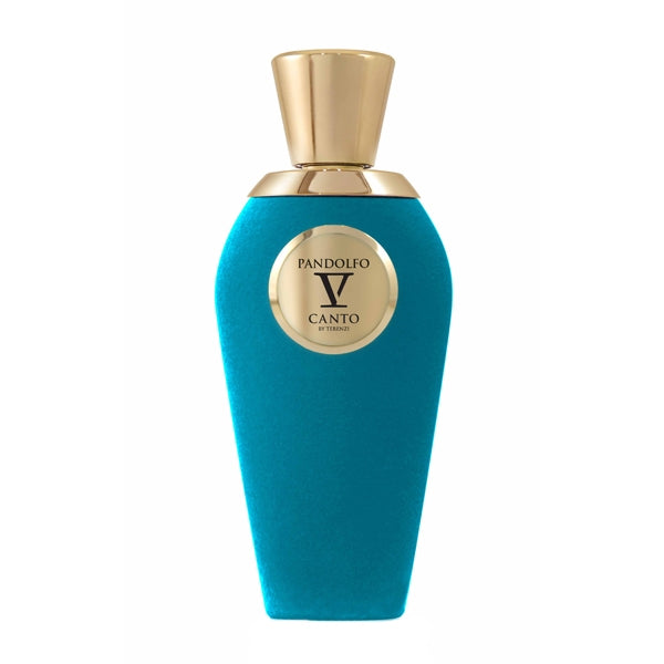 V Canto - Pandolfo Parfumflakon in samtigem Türkis mit rundem goldfarbenem Emblem und elegantem Verschluss