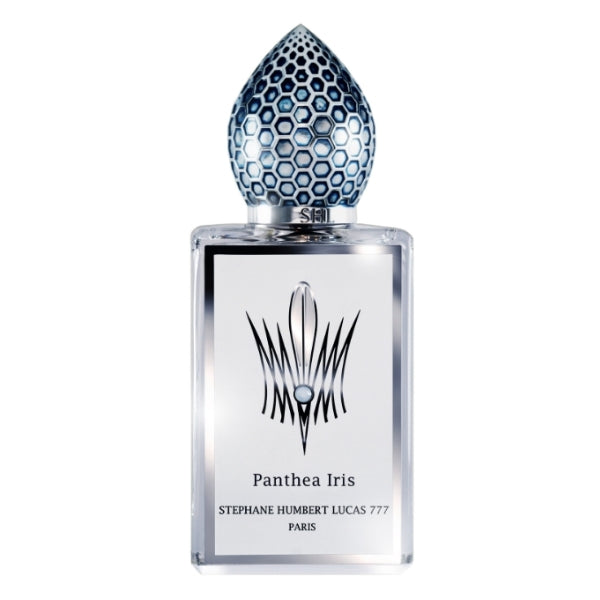 Stéphane Humbert Lucas 777 - Panthea Iris klarer Parfumflakon mit silbernem Etikett und blau gemustertem Deckel